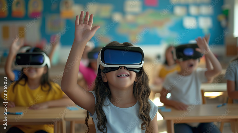A group of diverse elementary school children are engaged in a futuristic learning activity, wearing virtual reality headsets in a bright, colorful classroom. A group of diverse elementary school children are engaged in a futuristic learning activity, wearing virtual reality headsets in a bright, colorful classroom.