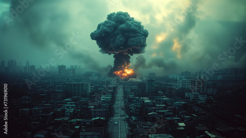atomic mushroom explosion in the centre of a city. photo