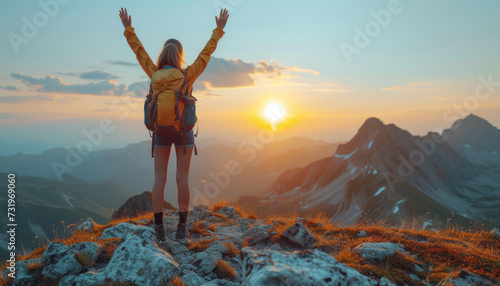 girl hiking mountains and celebrating successful ascent raising hands,generative ai