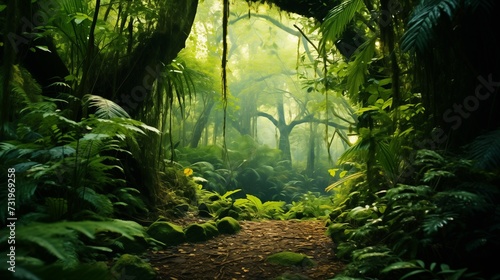 An immersive image depicting the deep tropical jungles of Southeast Asia, featuring a lush green trees tunnel creating an extra-wide background banner. 