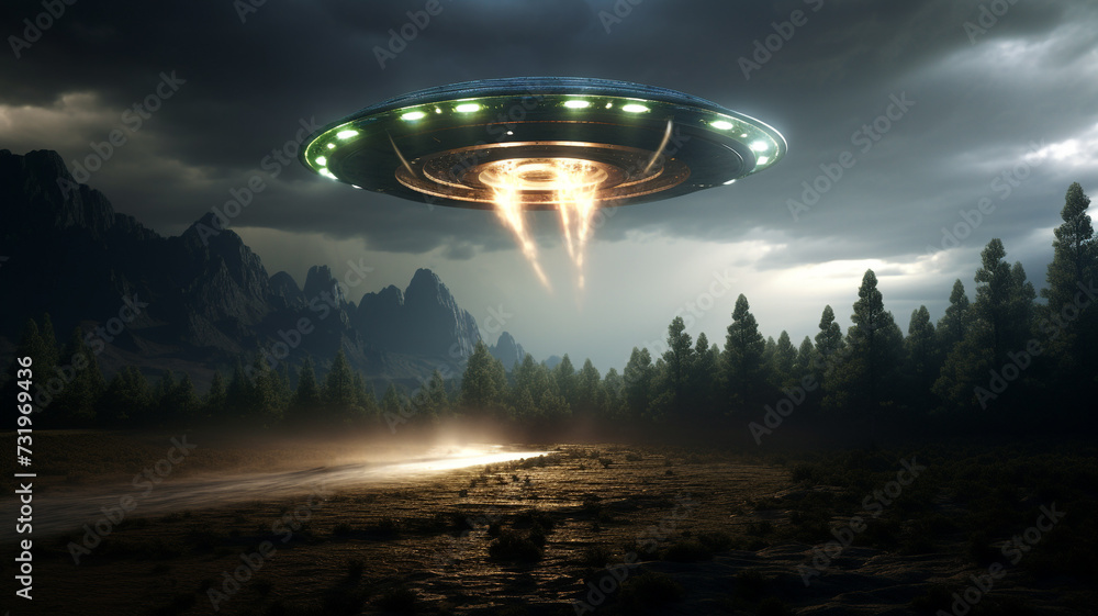 Ufo space ship is landing to land concept illustration Ufo space ship is landing to land concept illustration