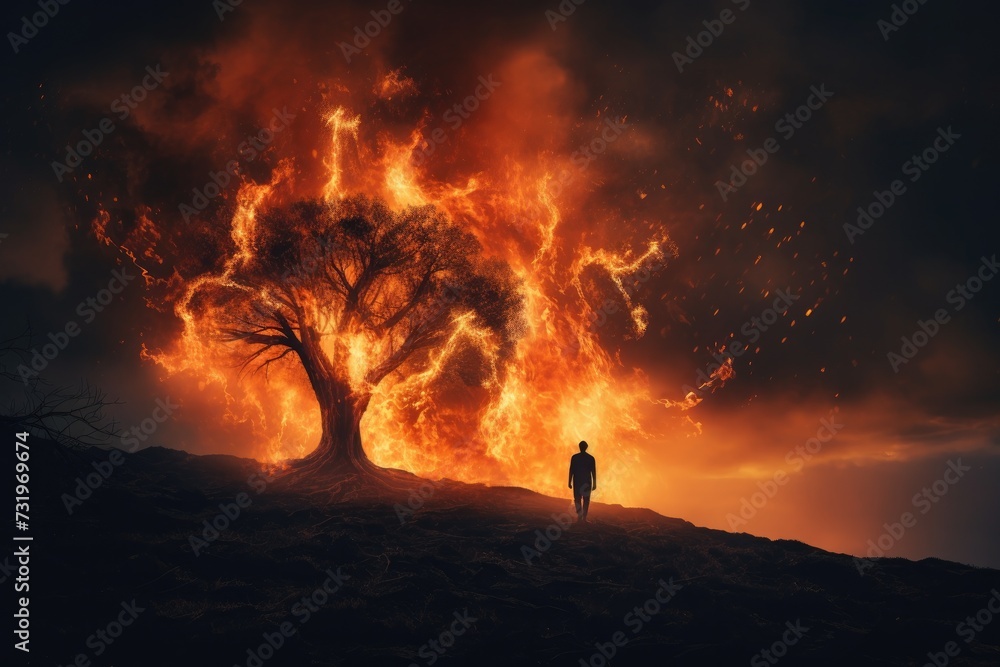 cinematic scene of a burning tree on a hill with human silhouette. dramatic cloudy sky. 