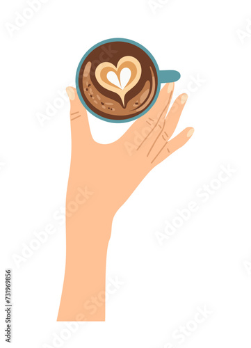Woman hand holding cup with coffee, cappuccino, latte top view. Hot drink and beverage above view. Cacao, espresso coffee with heart shape foam. Flat vector illustration on white background.