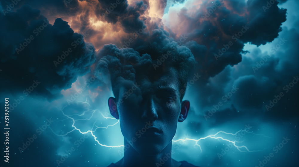 A young man with a dark cloud and lightning within his mind. Concept of depression and other mental illnesses - obrazy, fototapety, plakaty 