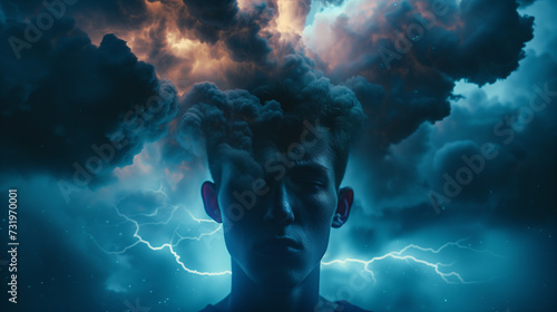 A young man with a dark cloud and lightning within his mind. Concept of depression and other mental illnesses photo