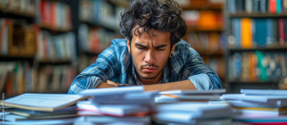 tired student studying in library tired student studying in library