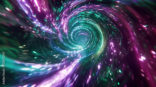 Abstract image of a swirling vortex tunnel illuminated by neon green and pink lights, suggesting a sense of motion and energy.