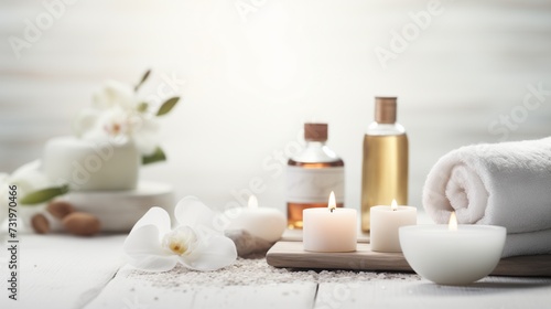 An inviting image featuring beauty treatment items for spa procedures arranged on a white wooden table. 
