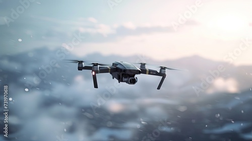 A quadcopter drone with a camera hovers mid-air with a snowy mountain landscape and sunlit clouds in the background.