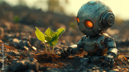 Robot acts like a human trying to plant trees There is only one tree left. The background is a barren land.generative ai