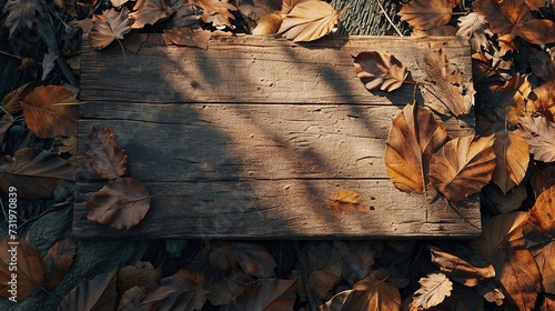 Late afternoon sunlight casts shadows on a weathered wooden board surrounded by a carpet of crisp, fallen autumn leaves.