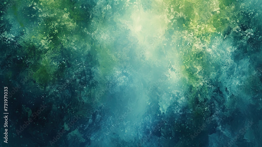 An abstract representation of a dreamlike underwater scene, bathed in lush green and blue tones with light speckles.