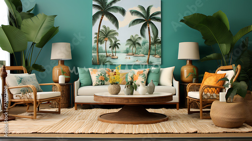 A tropical-themed living room with palm prints  vibrant colors  and natural materials