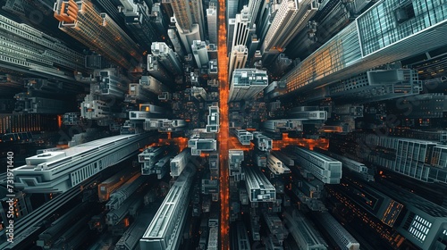 A mesmerizing cityscape presenting a futuristic vertical architecture concept, with layers of urban development extending both above and below the horizon. photo
