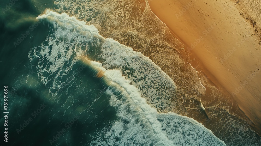 An aerial capture of the sun's golden rays enhancing the intricate patterns of waves as they crash onto a sandy shoreline.