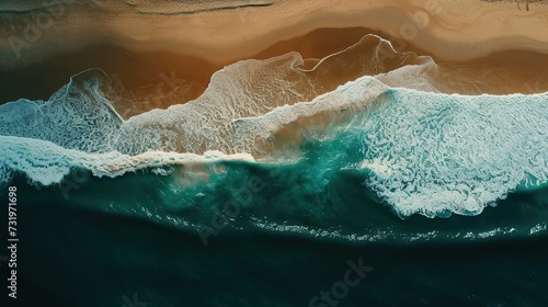 The elegance of nature is on full display as rolling waves unfurl onto the deserted sands of a beach, captured from an aerial perspective.