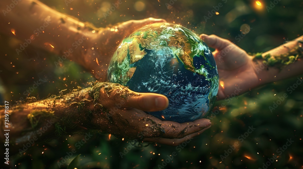 A concept image of hands cradling the Earth with a magical aura in a forest setting, symbolizing environmental care and protection. - obrazy, fototapety, plakaty 