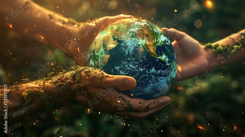A concept image of hands cradling the Earth with a magical aura in a forest setting, symbolizing environmental care and protection. photo