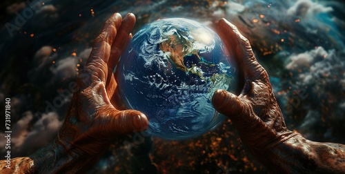 A powerful image showing old, textured hands holding a luminous globe against a backdrop of space, symbolizing wisdom and protection of our planet.
