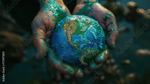 Artistic image featuring hands covered in blue and green paint delicately holding a miniature globe, conveying a message of environmental care.