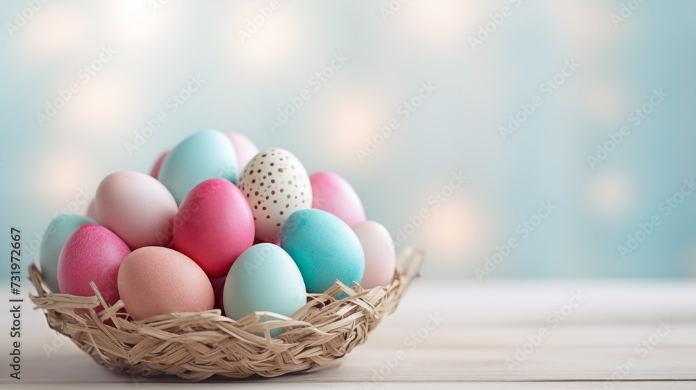 Colored eggs in the wicker basket on  wood bckground.
