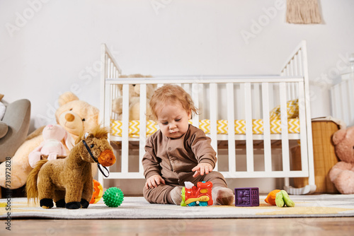 cute toddler kid sitting on floor and playing with toys in cozy nursery room, happy childhood