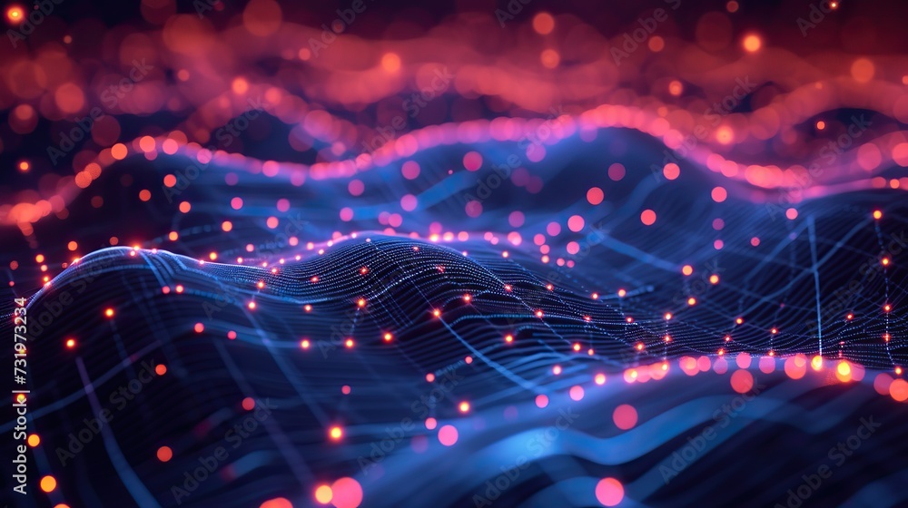 Obraz premium This image features a dynamic digital landscape composed of glowing network data nodes and connecting lines, symbolizing connectivity and data flow.