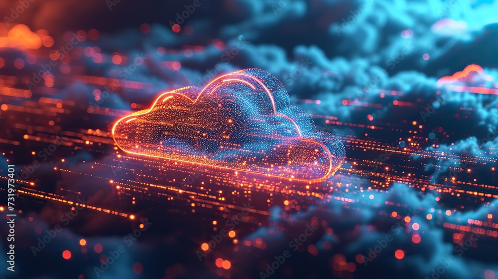 Abstract image showcasing a glowing cloud symbol integrated with a futuristic network circuit, representing cloud computing and data technology. - obrazy, fototapety, plakaty 