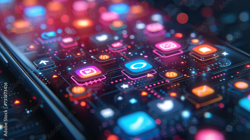 Close-up of a futuristic user interface with glowing interactive icons and buttons, symbolizing advanced digital interaction and technology. - obrazy, fototapety, plakaty 