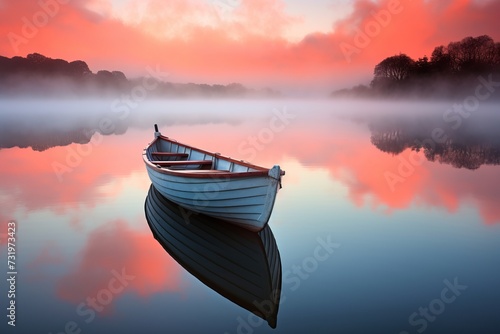 Tranquil wooden boat on lake with reflections at dawn, peaceful and serene nature landscape © Aliaksandra