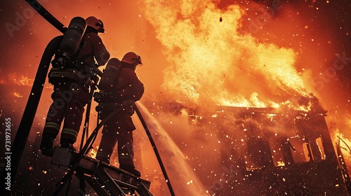 Firefighters extinguish a fire with a hose in a burning building photo
