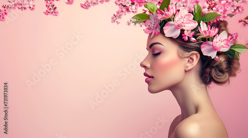 A woman with cherry blossoms in her hair on a pink background, Womens Day © Alina