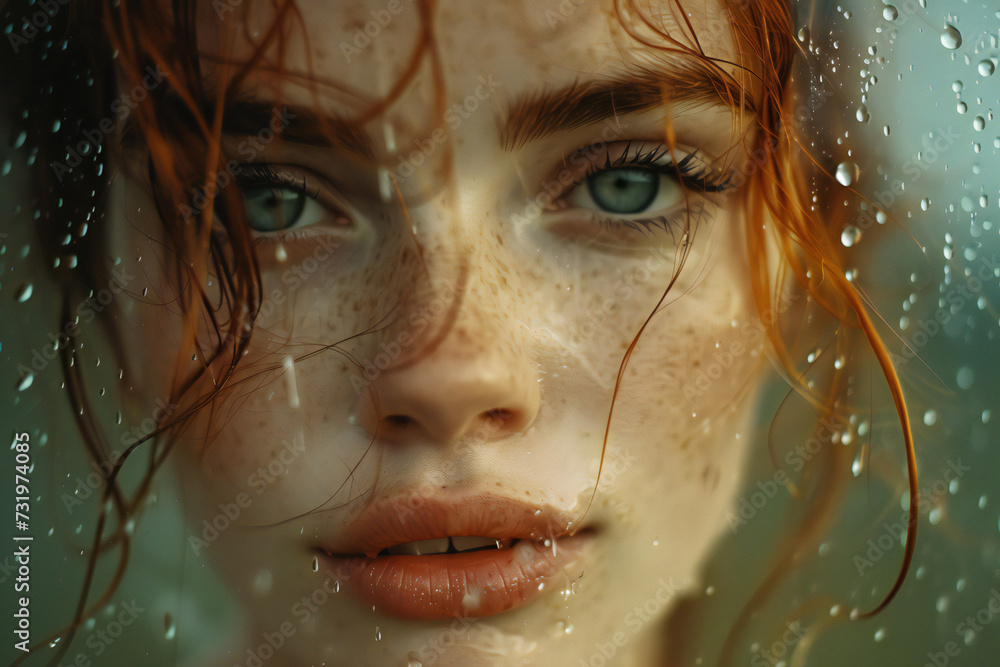 portrait of a beautiful redhead young woman with freckles, green eyes and rain drops at her pretty face. Autumn season. Awesome people