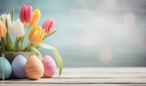 Easter background with colored eggs and tulip on a light wooden table. #731974087