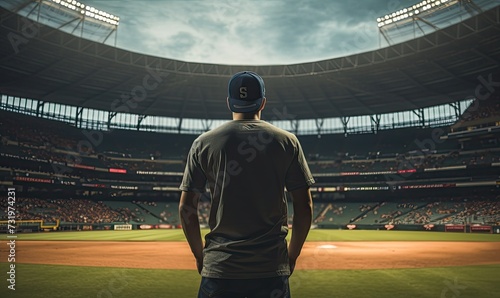 Man Standing in Baseball Stadium, Gazing at Field © uhdenis