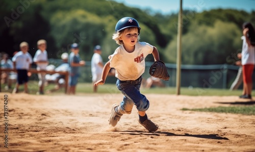 Young Boy Running to First Base in Baseball Game