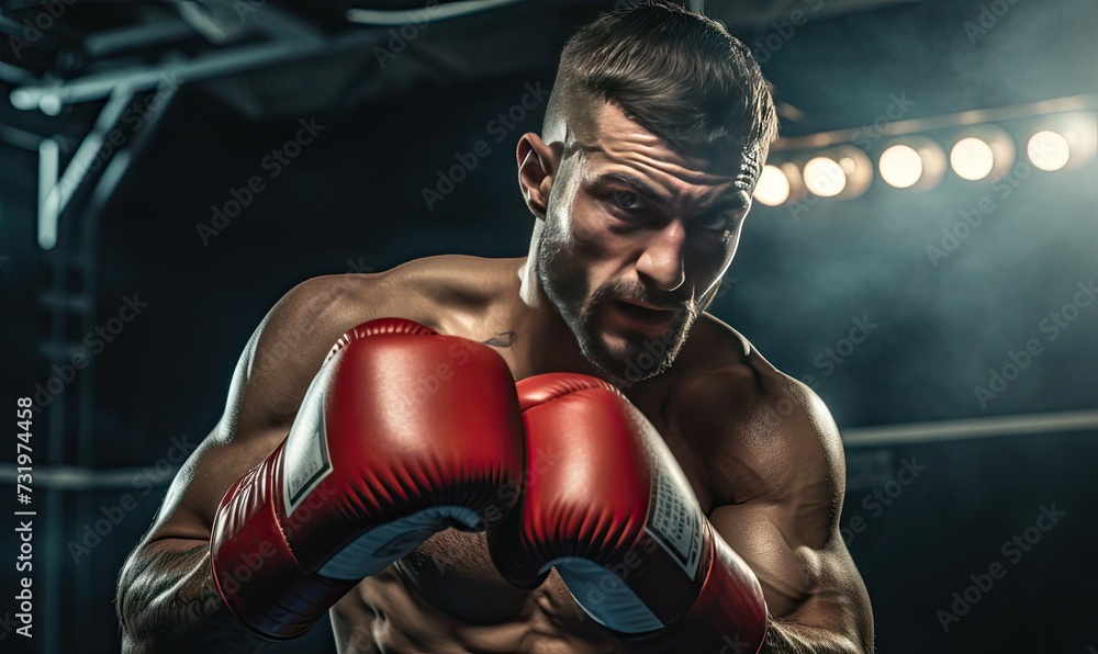 Man Wearing Boxing Gloves in Dark Room