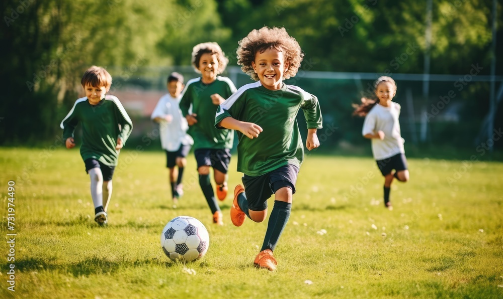 Group of Young Children Engaged in Soccer Game Group of Young Children Engaged in Soccer Game