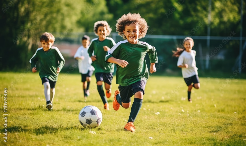 Group of Young Children Engaged in Soccer Game