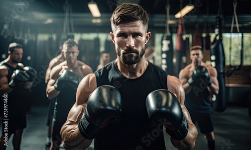 Group of Men in Gym With Boxing Gloves photo