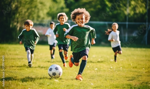 Group of Young Children Engaged in Soccer Game