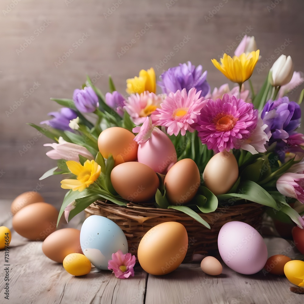 Happy Easter. Congratulatory easter background. Easter eggs and flowers Happy Easter. Congratulatory easter background. Easter eggs and flowers