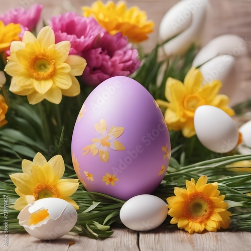 Happy Easter. Congratulatory easter background. Easter eggs and flowers