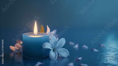 Burning Blue Candle with Flower on Blue Backgr
