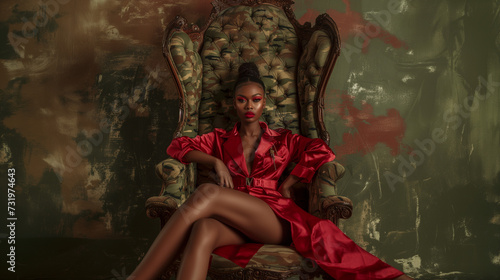 Regal black woman in red silk robe seated on ornate chair, commanding presence with striking makeup.