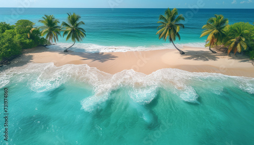 Aerial drone view of tropical beach with palm trees and clear turquoise ocean,generative ai © JKLoma