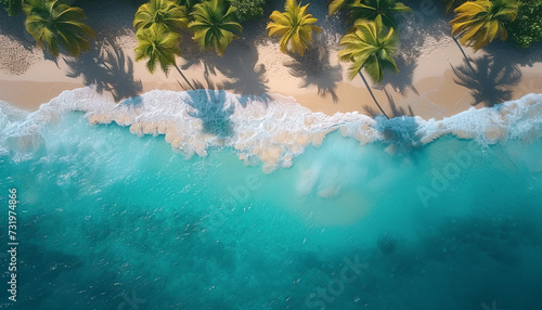 Aerial drone view of tropical beach with palm trees and clear turquoise ocean,generative ai © JKLoma