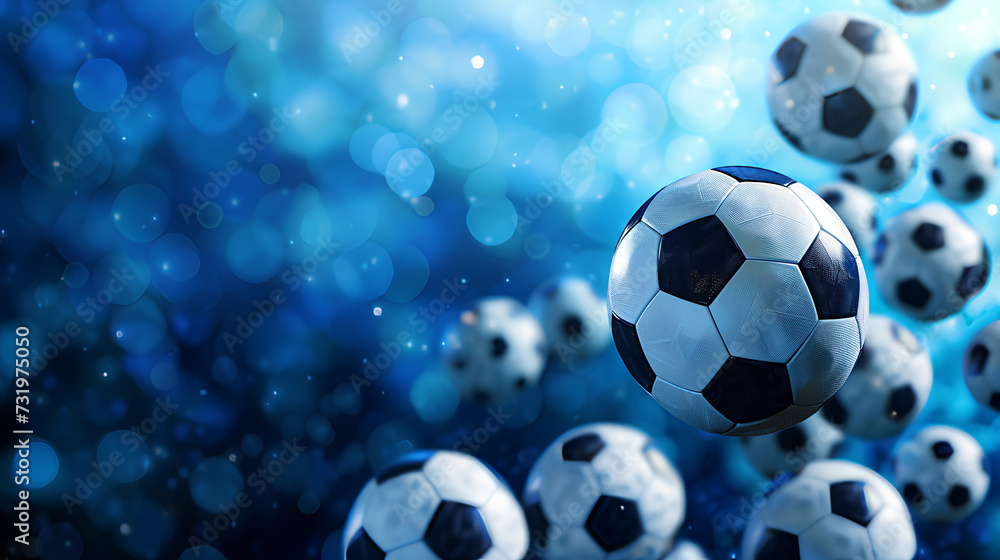 Naklejka premium Sports background with soccer balls in blue.
