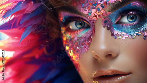 portrait of a woman in carnival mask. Rainbow face of young fun lady with colorful eyes, blue, purple, red. Creative glowing make up