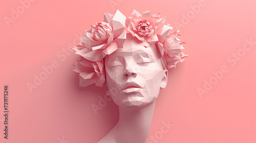 A beautiful origami-style female face on a plain background in peach color with a place to copy.